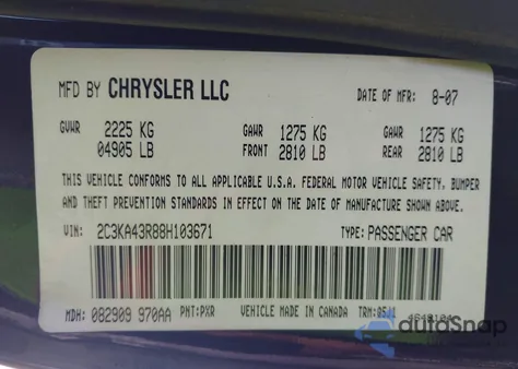 2008 Chrysler 300 Lx from USA, damaged, VIN 2C3KA43R88H103671